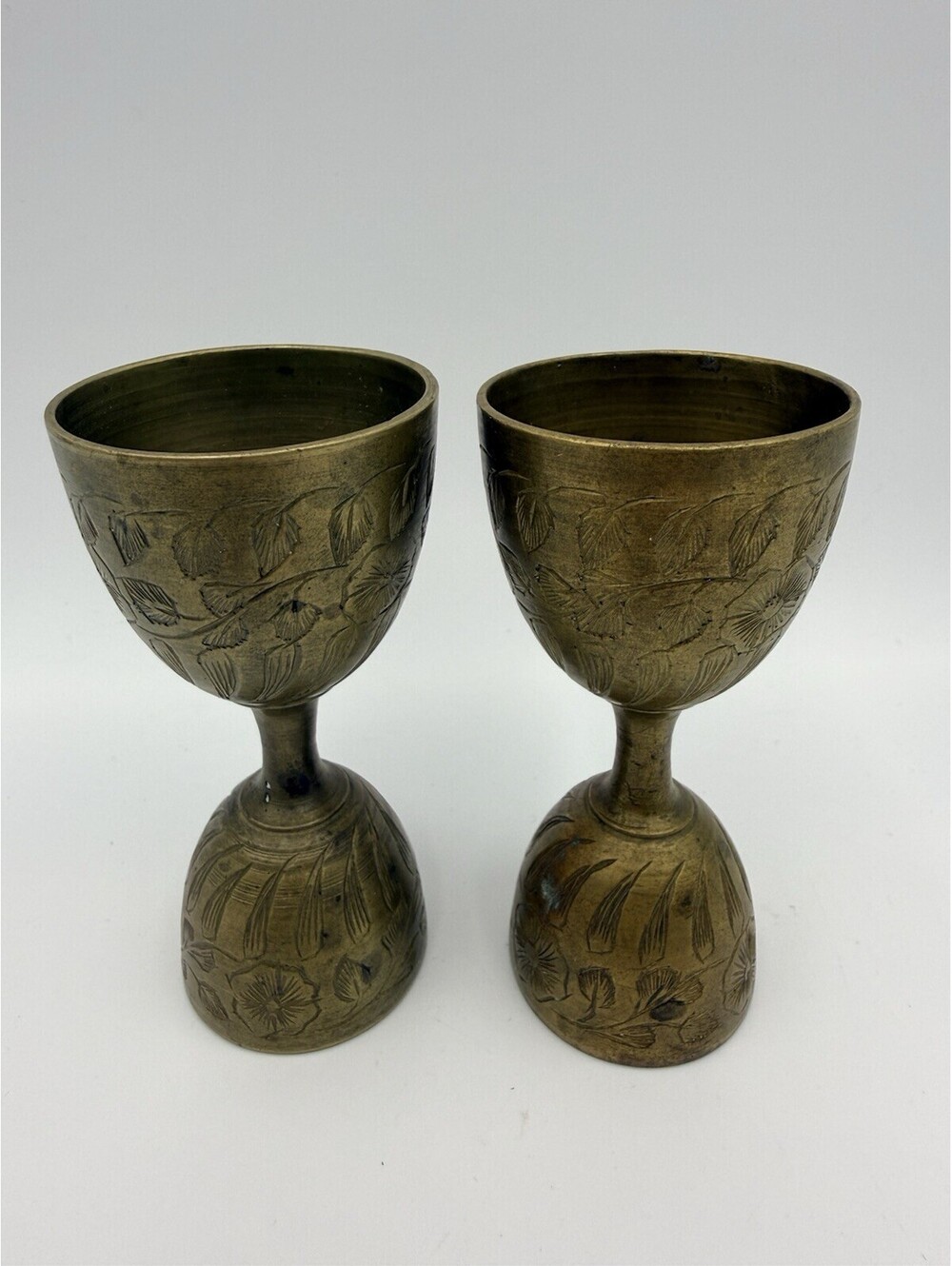 Set of 2 Vintage Brass Egg Cups Etched Floral Design Double Sided 4 in